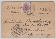 Oranje- Freistaat, 1894, 1 1/2 d. Überdruckwert auf Auslands- Postkarte von Jacobsdal nach Berlin- Spandau, (D.)