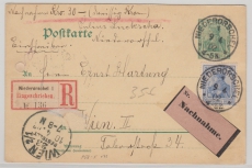 Kaiserreich; 1902, Germania, 5 Pfg.- GS + Mi.- Nr.: 72 als Zusatz, als MiF auf Auslands- Einschreiben- Nachname- Postkarte nach Wien