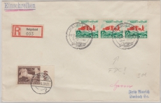 DR, 1940, Mi.- Nr.: 747+ 750 (3x, hier FDC!), als MiF auf Einschreiben- Fernbrief von Helgoland nach Limbach, mit Sonderstempel