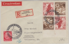 DR, 1939, Mi.- Nr.: Zusammendruck K34 (2x), u.a. als MiF auf R- Fernbrief von Garmisch- P. nach Chemnitz, mit Sonderstempel