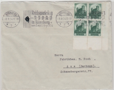 DR, 1934, Mi.- Nr.: 546 (4x) als ER- 4er- Block- MeF, auf Fernbrief von Nürnberg nach Aue, mit passendem Rollstempel