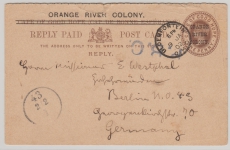 Orange River Colony, 1902, One Penny- Überdruck- GS- Antwort- Karte (Frageteil) als Auslandskarte von Bloemfontein nach Berlin