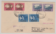 Swaziland, 1945, 12 D MiF auf Auslands- Einschreiben- FDC, von Mbabane nach Johannesburg (Süd- Afrika)