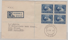 SWA, 1948, 3d- Jubilee- Überdruck- Ausgabe (4x) auf FDC- Auslandseinschreiben von Windhoek nach Port Elizabeth (Süd- Afrika)