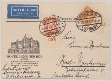 Danzig, 1937, Mi.- Nr.: 290x (OR!) + 299 (Or!) als MiF auf Luftpostkarte von Danzig nach Bad Nauheim