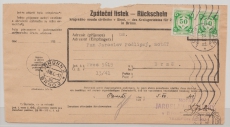 B + M, 1941, Mi.- Nr.: D 3 (2x), als MeF auf Rückschein von / nach Brünn