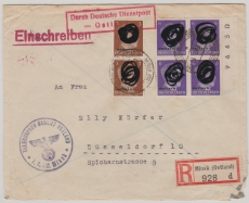 D. Dt. Dienstpost Ukraine, 1942, Mi.- Nr.: 5 (4x, dabei SR mit Bogennr.) u.a., auf Einschreiben von Minsk nach Düsseldorf