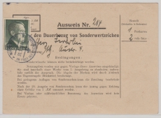 DR, 1943, Mi.- Nr.: 799A, als EF auf Ausweis zum Bezug von Sammlermarken!!! Extrem selten!