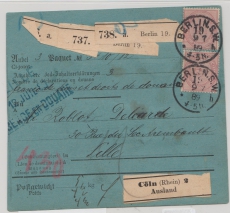 DR, 1889, Mi.- Nr.: 37 (2x) + 41 ZS (rs.) u.a. in MiF auf Auslandspaketkarte, für 3 Pakete von Berlin nach Lille (Fr.)