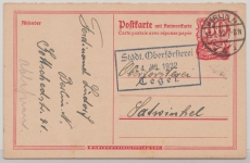 Infla, 1922, 80 Pfg. - Auslands- Antwort- GS (Mi.- Nr.: P 145 F), Frageteil im Inland gelaufen von Tegel nach Satwinkel (Berlin)