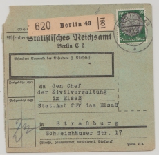 DR, 1941, Mi.- Nr.: 525 als EF auf Paketkarte, für 1 Paket von Berlin nach Straßburg (Elsaß)