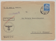 DR, 1940, Mi.- Nr.: 522 (mit POL- Lochung!) als EF auf Auslands- Dienstbrief von Berlin nach Zürich (CH, Generalkonsulat)