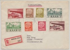 Saarland, 1957, Mi.- Nr.: 363 u.a. in MiF auf Einschreiben- Auslandsbrief von Sarbrücken nach Olten (CH)