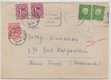 BRD, 1960, Mi.- Nr.: 303 (2x) in MeF + Östereichische Nachportomarken, auf Auslandsbrief von München nach Bad Hofgarten (A)