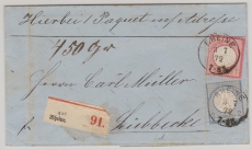 DR- Brustschilder, 1872, Mi.- Nr.: 4 + 5 als MiF auf Paketbegleitbrief, von Rheine nach Lübecke