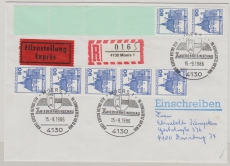 BRD, 1986, Mi.- Nrn.: 997 (7x), (1x mit Rollenendstreifen), in MeF auf Eil- R.- Fernbrief von Moers nach Duisburg