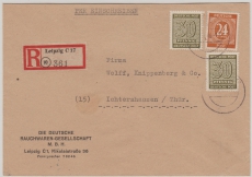 SBZ, West- Sachsen, 1946, Mi.- Nrn.: 135 (2x) + Kontrollratmarke in MiF auf R.- Fernbrief von Leipzig nach Ichtershausen