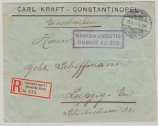 DAP, Türkei, 1914, Mi.- Nr.: 36 (3x) + 38 (2x) rs. als MiF auf Einschreiben- Fernbrief von Constantinopel nach Leipzig