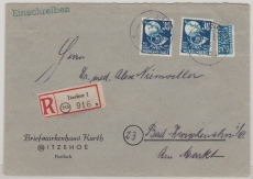 FRZ / Rheinland- Pf., 1949 / 50, Mi.- Nr.: 52 u.a, in MiF (Fremdverwendung) auf Einschreiben- Fernbrief von Itzehoe nach Bad Zwischenahn