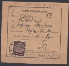 III. Reich, 1940, Mi.- Nr.: 518 als EF auf Telegrammaufgabebescheinigung (!!!) von Eggenburg, veritable kleine Rarität!