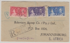 Mauritius, 1937, 37 C. als FDC- MiF, auf Einschreiben- Auslandsbrief von Vacoas nach Johannesburg (Süd- Afrika)