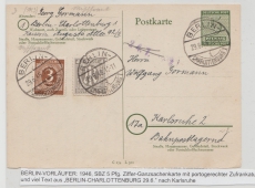 Berlin, Vorläufer, 1946, 5 Pf- GS (West- Sachsen! P16) + Zusatzfrankatur, als Fernpostkarte von Berlin (West) nach Karlsruhe!