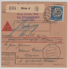 DR / III. Reich, 1941, Mi.- Nr.: 527 als EF auf NN- Paketkartenstammteil für 1 Paket von Graz (A) nach Gasen (A), selten!