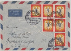 Berlin, 1955, Mi.- Nrn.: 129 (2x) + 130 (4x) in MiF auf  Bedarfs- FDC, als Luftpost- Auslandsbrief von Berlin nach New York (USA)