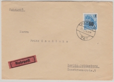 DDR, 1954, Mi.- Nr.: 441 als EF auf Rohrpostbrief, innerhalb von Berlin (OST => West)