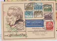 III. Reich, 1933, Mi.- Nrn.: SK 15 (2x) u.a. als MiF auf Luftpost- Postkarte per Zeppelin per Bordpost nach Mülheim, Befund Schlegel!