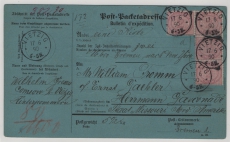 DR, 1890, Mi.- Nr.: 37d (8x), u.a. in MiF auf Auslandspaketkarte, für ein Paket von Vietzig nach Missouri (USA), FA Petry BPP!