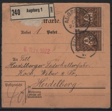 DR / Infla, 1922, Mi.- Nr.: 203 (8x! vs + rs.), in MeF auf Paketkartenstammteil von Berlin nach Heidelberg