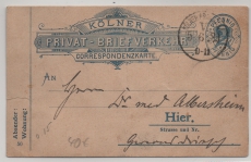 Köln, Stadtpost, 1889 (?), 2 RPfg.- GS- Karte der Kölner Privat- Briefverkehr, gelaufen  innerhalb von Köln! Selten!