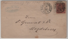 NDP / Nachverw. AD- Stempel / Brswg, 1869, 1 Gr.- GS Umschlag (U 5A) als Fernbrief von Schoeningen (Nachverw. AD- Stempel) nach Magdeburg