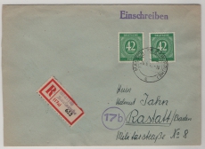 Kontrollrat- West, 1947, Mi.- Nr.: 930 (2x) als MeF, auf Einschreiben- Fernbrief, von Malsch nach Rastatt, seltene Frankatur!