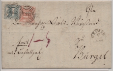 T + T, 1863, Mi.- Nr.: 13 (rep.) + 15 als MiF auf Fernbrief von Weimar nach Bürgel, Sign. Nickel, Befund Sem BPP!