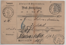 Württemberg, 1902, 20 Pfg.- Postanweisung (Mi.- Nr.: A26), gelaufen (!) für einen Betrag von Bopfingen nach Ingolstadt RR!