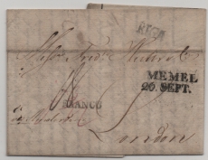 Lettland, 1824, Vorphila- Auslandsbrief (inliegend Rg.) von Riga via Memel nach London (GB)