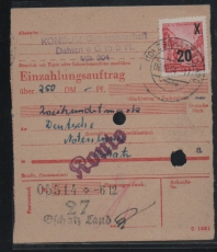 DDR, 1954, Mi- Nr.: 439 a II gXI (!), als EF auf Einzahlungsauftrag, Fotoattest Schönherr VPP: echt und einwandfrei! RR!