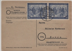 Zenfachfrankatur, West- D., 1948, Mi.- Nr.: 967 (2x) als MeF (Zehnfachfrankatur West) auf Orts- Postkarte innerhalb von Moers