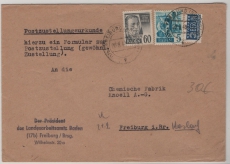 FRZ / Baden, 1949,  Mi.- Nr.: 25 + 30, in MiF auf Ortsbrief mit Postzustellungsurkunde innerhalb von Freiburg, selten!