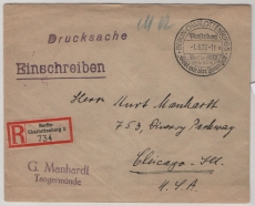 III. Reich, 1937, Mi.- Nr.: Bl. 4, als EF auf Auslands- Drucksache- Einschreiben (!), von Berlin nach Chicago (USA)