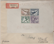 III. Reich, 1936, Mi.- Nrn.: Bl. 5 + 6, je als EF (auf 2 Briefen) je gelaufen als R.- Auslandsbrief von Mannheim nach Wien (A)