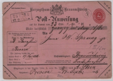 Braunschweig, 1866, 1 Gr.- Postanweisungsformular für einen Betrag von Bevern nach Braunschweig