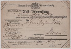 Braunschweig, 1865, Postanweisungsformular für einen Betrag von Holzminden nach Deensen