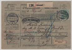 DR, Germania 1910, Mi.- Nr.: 94 AI (3x, rs.) u.a. als MiF auf Auslandspaketkarte für 1 Paket von Sulzmatt nach Paris (Fr.)