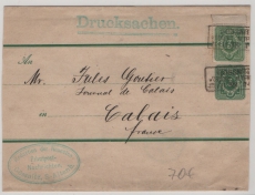 DR, Pfennig, ca.1883, 3 RPfg.- GS- Streifband (gr)+  Mi.- Nr.: 39 als Zusatz, als Auslands- Streifband von Gössnitz nach Calais (Fr.)