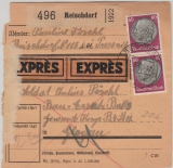 DR, 1941, Mi.- Nr.: 526 (2x) als MeF auf Express- Paketkarte für ein Paket, von Reischdorf nach Glogau, an einen Soldat