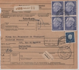 BRD, 1960, Mi. Nr. 195 (im 4er- Block!), u.a., als MiF auf Auslands- Paketkartenstammteil von Karlsruhe nach Herbestal (Belg.)