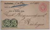 Baden, ca. 1868, 3 Kr- GS (Mi.- Nr.: U 12?) + 2x Mi.- Nr.: 23 , als Zusatz auf NN- Fernbrief von Lörrach nach Riedlingen. Selten!